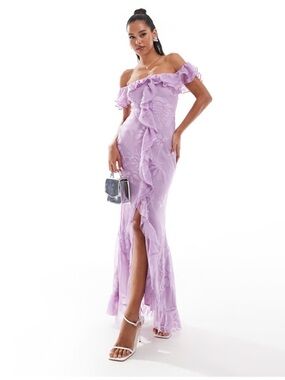 NWT ASOS Purple Ruffled Off-Shoulder Dress